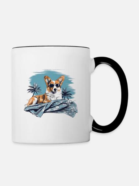 Corgi mit Sonnenbrille am Strand - Tasse zweifarbig - Weiß/Schwarz