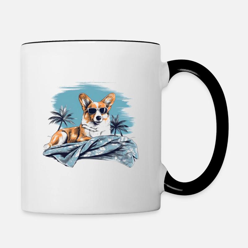 Corgi avec des lunettes de soleil à la plage - Mug contrasté - blanc/noir