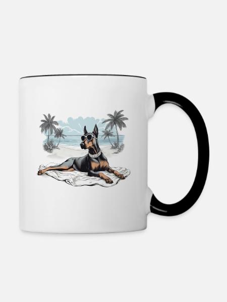 Dobermann mit Sonnenbrille am Strand - Tasse zweifarbig - Weiß/Schwarz