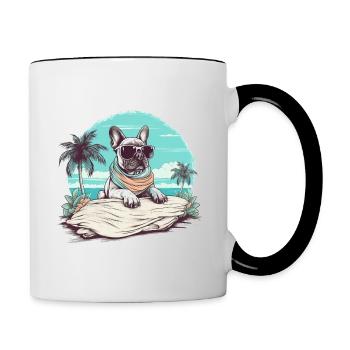 French-bulldog with sunglasses at the beach - Contrasting Mug - white/black - Right