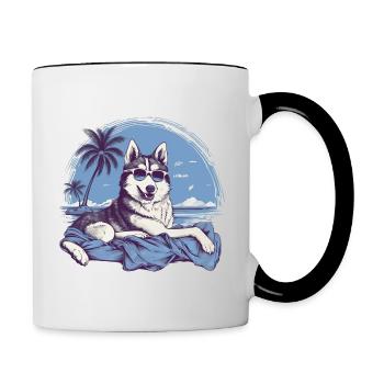 Husky mit Sonnenbrille am Strand - Tasse zweifarbig - Weiß/Schwarz - Rechts