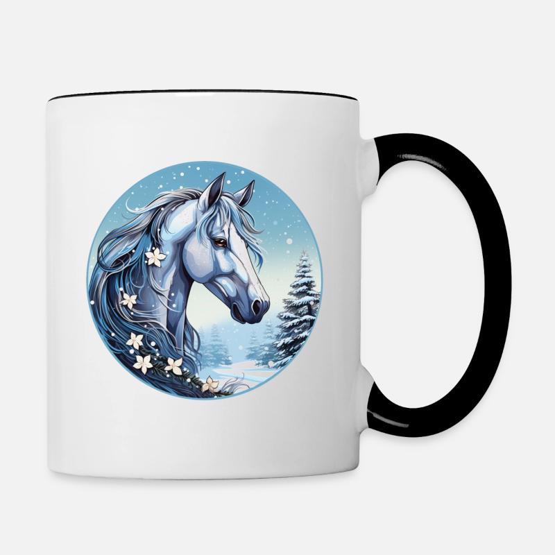 Pferd mit Schneeflocken - Tasse zweifarbig - Weiß/Schwarz