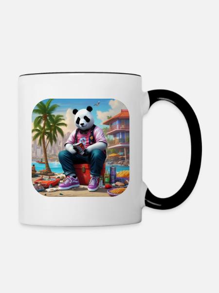 Cooler Panda am Strand - Tasse zweifarbig - Weiß/Schwarz
