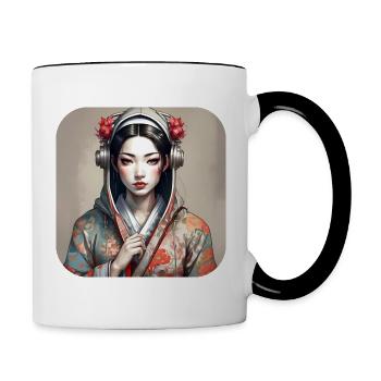 Cooles Anime Manga Mädchen im Geisha Style - Tasse zweifarbig - Weiß/Schwarz - Rechts