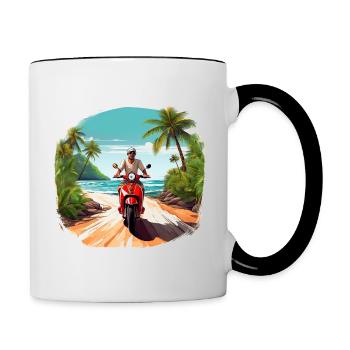 Man on scooter on beach - Contrasting Mug - white/black - Right