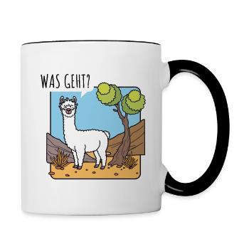 Was geht? frägt das Lama, oder ist das ein Alpaka? - Tasse zweifarbig - Weiß/Schwarz - Rechts