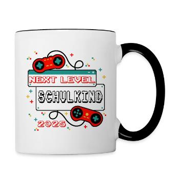 NEXT LEVEL SCHULKIND 2025 - Gaming Einschulung - Tasse zweifarbig - Weiß/Schwarz - Rechts