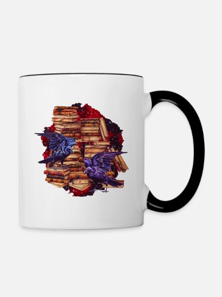 Dark Academia Raben Bücher Gothic T Shirt - Tasse zweifarbig - Weiß/Schwarz