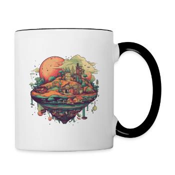 Surrealistisches fliegendes Dorf in bunt - Tasse zweifarbig - Weiß/Schwarz - Rechts