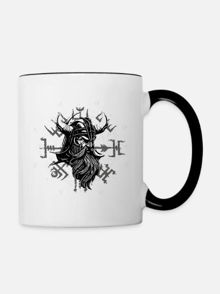 Vegvísir mit Wikingerkopf - Tasse zweifarbig - Weiß/Schwarz