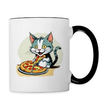 Le chat adore la pizza - Mug contrasté - blanc/noir - Droite