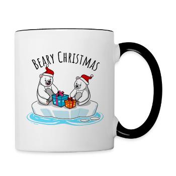 Polar bear Merry Christmas unwrapping presents - Contrasting Mug - white/black - Right