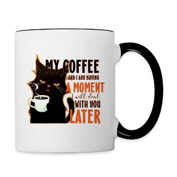 Café et je passe un moment citation chat amusant - Mug contrasté - blanc/noir - Droite