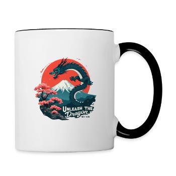 Japanischer Drache am Mount Fuji mit Kirschblüten - Tasse zweifarbig - Weiß/Schwarz - Rechts