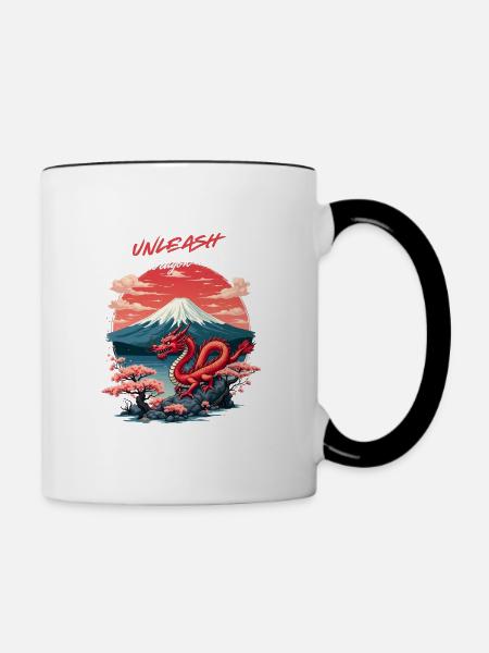 Japanischer Drache am Mount Fuji mit Kirschblüten - Tasse zweifarbig - Weiß/Schwarz
