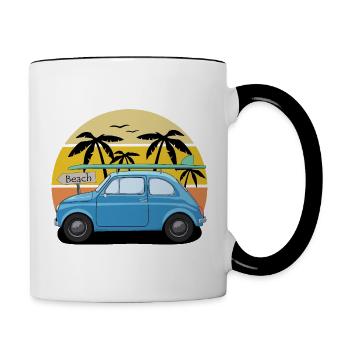 Car with surfboard travel beach retro - Contrasting Mug - white/black - Right
