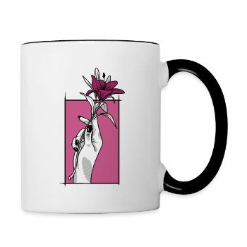 Hand mit Lilie | Pink - Tasse zweifarbig - Weiß/Schwarz - Rechts