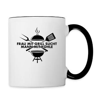 Woman with barbecue is looking for man with coal - Contrasting Mug - white/black - Right