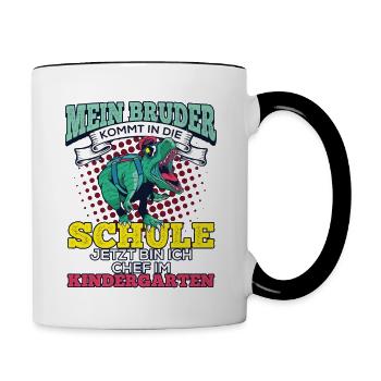 Einschulung Geschwister Geschenk Bruder Dino T-Rex - Tasse zweifarbig - Weiß/Schwarz - Rechts