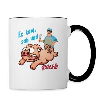 Schwein Metzger Es kam sah und quiekte Schlachten - Tasse zweifarbig - Weiß/Schwarz - Rechts
