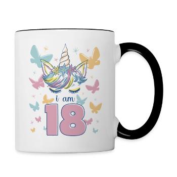 Einhorn Ich Bin 18 Jahre Schmetterlinge Geburtstag - Tasse zweifarbig - Weiß/Schwarz - Rechts