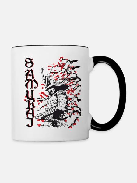 Samurai mit Kirschblüten - Tasse zweifarbig - Weiß/Schwarz
