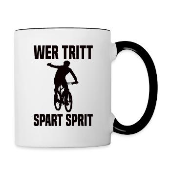 Wer Tritt Spart Sprit Lustiger Fahrrad Spruch - Tasse zweifarbig - Weiß/Schwarz - Rechts