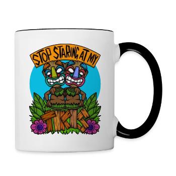 Hör auf, auf mein Tiki Hawaiian Hawaii Luau zu starren - Tasse zweifarbig - Weiß/Schwarz - Rechts