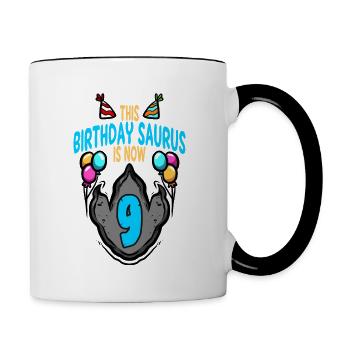 This Saurus Is 9 Dinosaur Footprint Birthday - Contrasting Mug - white/black - Right