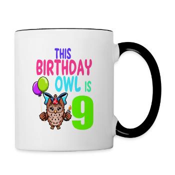 Owl Birthday Kids Girls 9th Birthday Owl Lovers - Contrasting Mug - white/black - Right