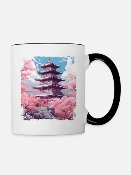 Kirschblüten-Sakura-Baum in einer Tempel-Dampfwelle - Tasse zweifarbig - Weiß/Schwarz
