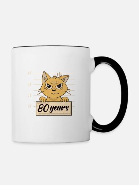 80 Jahre alt Geburtstag Stressed Katze - Tasse zweifarbig - Weiß/Schwarz