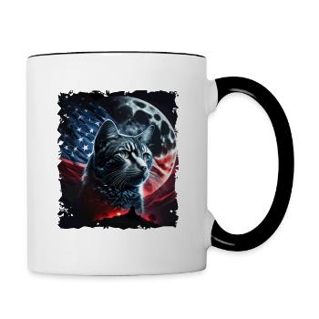 America cat under Moon with American Flag - Tasse zweifarbig - Weiß/Schwarz - Rechts