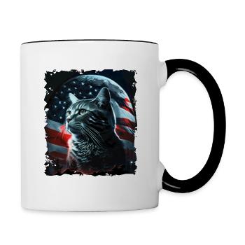 America cat under Moon with American Flag - Tasse zweifarbig - Weiß/Schwarz - Rechts