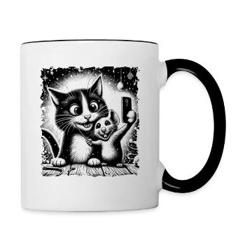 Chat et souris Selfie Joyeux Noël Drôle - Mug contrasté - blanc/noir - Droite