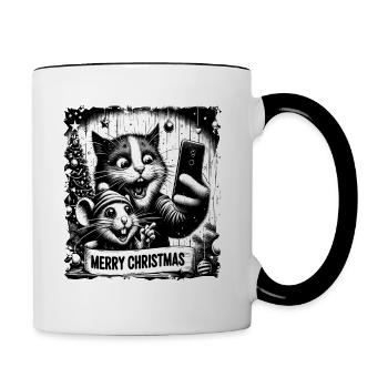 Chat et souris Selfie Joyeux Noël Drôle - Mug contrasté - blanc/noir - Droite