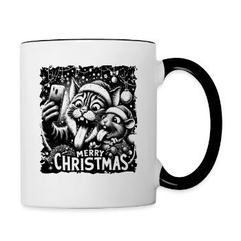 Chat et souris Selfie Joyeux Noël Drôle - Mug contrasté - blanc/noir - Droite