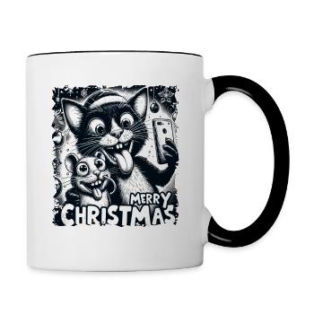 Chat et souris Selfie Joyeux Noël Drôle - Mug contrasté - blanc/noir - Droite
