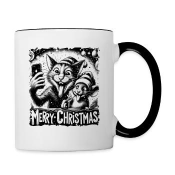 Chat et souris Selfie Joyeux Noël Drôle - Mug contrasté - blanc/noir - Droite