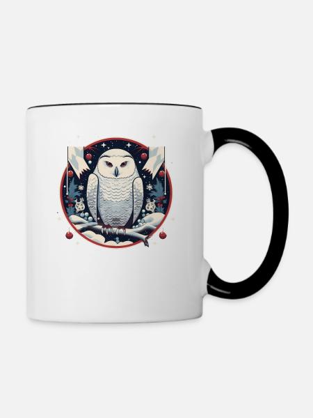 Schneeeule mit Weihnachtsornament - Tasse zweifarbig - Weiß/Schwarz