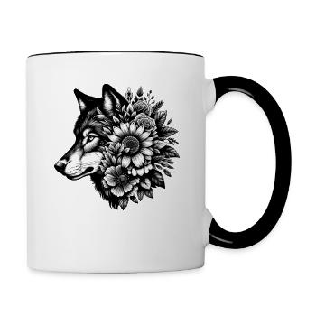 Wolf Blumen Tier Grafik Wolfsliebhaber - Tasse zweifarbig - Weiß/Schwarz - Rechts