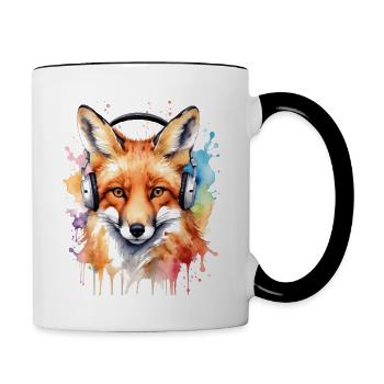 Fuchs Kopfhörer Musik Bunt Tier Design Print - Tasse zweifarbig - Weiß/Schwarz - Rechts