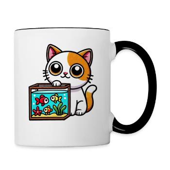 Süße rotweiße Katze sitzt am Aquarium - Tasse zweifarbig - Weiß/Schwarz - Rechts