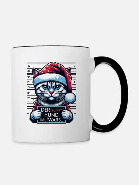Weihnachtsmann lustiges Katzen Weihnachten - Tasse zweifarbig - Weiß/Schwarz