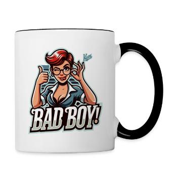 Deine Lehrerin sagt, Daumen hoch Du böser Junge - Tasse zweifarbig - Weiß/Schwarz - Rechts