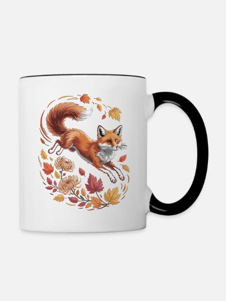 Fuchs mit Herbstblättern - Tasse zweifarbig - Weiß/Schwarz