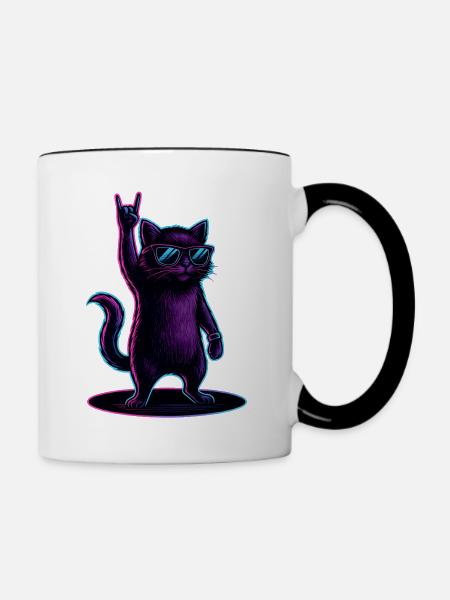 Synthwave Kater Katze mit Rockhand Pose - Tasse zweifarbig - Weiß/Schwarz