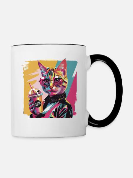 Popart Katze mit Lederjacke und Kaffee - Tasse zweifarbig - Weiß/Schwarz