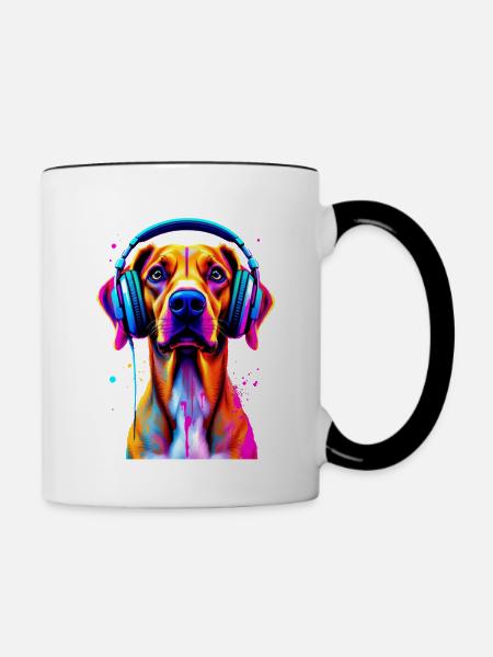Viszla mit Kopfhörer - Tasse zweifarbig - Weiß/Schwarz