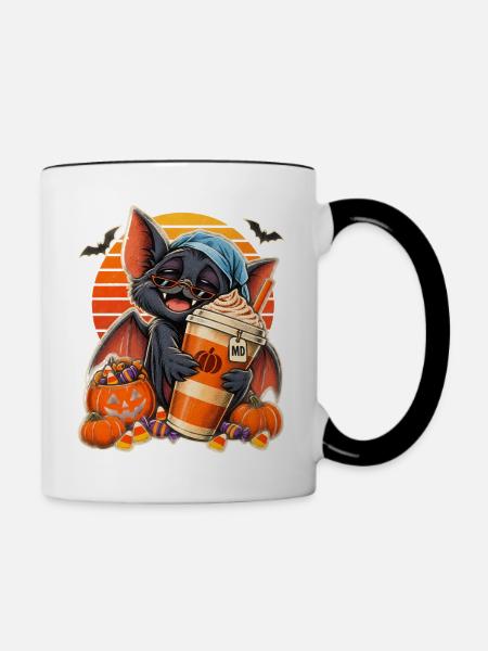 Halloween Fledermaus mit Kürbis-Kaffee - Tasse zweifarbig - Weiß/Schwarz